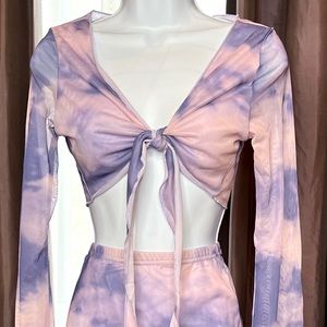 Two piece set pink and purple tie-dye detail crop long sleeve tie with a skirt